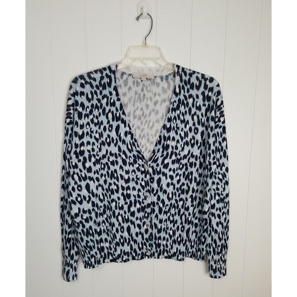 Loft Sweater Womens Size Large Animal Print Blue Button Up Cardigan - Picture 1 of 8